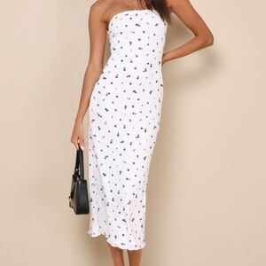 Lulus Summery Spirit Ivory Floral Ribbed Strapless Midi Dress White - Size L
